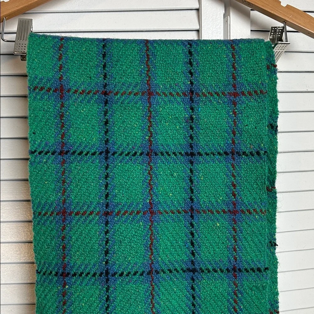 Green blue burgundy Plaid Wool blend plaid tartan vintage fringe scarf